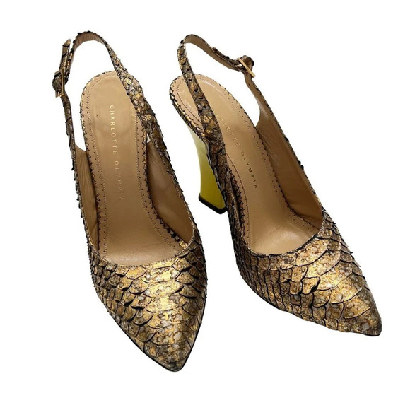 Charlotte Olympia Bronze Python Slingback Neon Heels - Picture 9 of 10